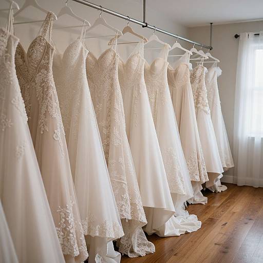Photograph of a row of elegant white lace wedding dresses hanging on hangers in a bright, minimalist room with wooden floors.