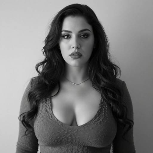 Black-and-white photograph of a woman with long, wavy dark hair, wearing a deep V-neck lace top, revealing ample cleavage, and a