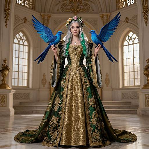 Photograph-style digital art: Fair-skinned woman with green-tinted white hair, wearing ornate gold and green gown, holding two vivid blue