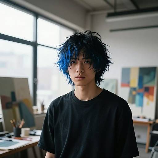 Photograph of an Asian young man with blue, messy hair, black t-shirt, standing in a brightly lit, modern art studio with abstract paintings in