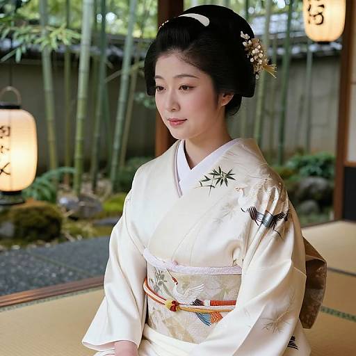Photograph of a young Japanese woman in a white kimono with floral patterns, black hair in an elegant updo, standing in a traditional garden with