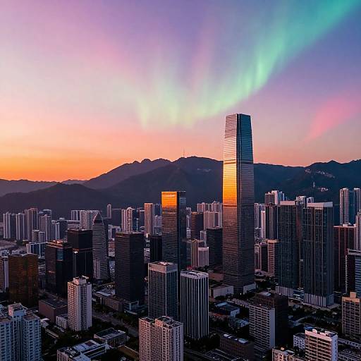 Cityscape at Sunset with Aurora Borealis
