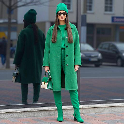 Woman in All-Green Winter Outfit Standing Outdoors