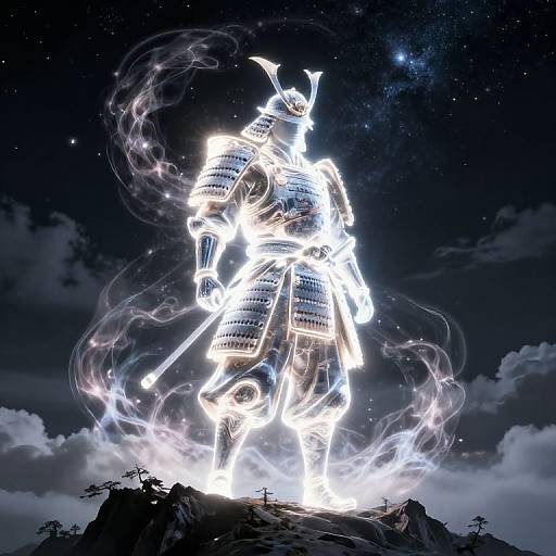 Photorealistic digital artwork of a glowing samurai warrior standing on a dark mountain, surrounded by ethereal white energy, under a starry night sky
