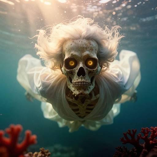 Photograph of a skeletal figure with glowing yellow eyes, flowing white hair, and a tattered robe, swimming underwater surrounded by coral.