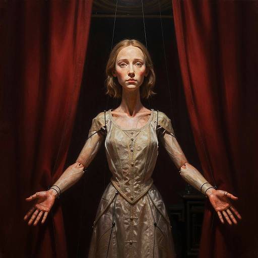 Faceless Puppet Behind Red Curtains