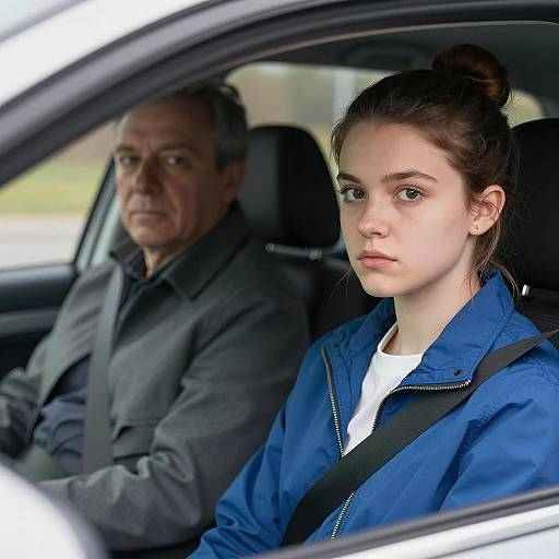 Serious Young Woman and Older Man in Car