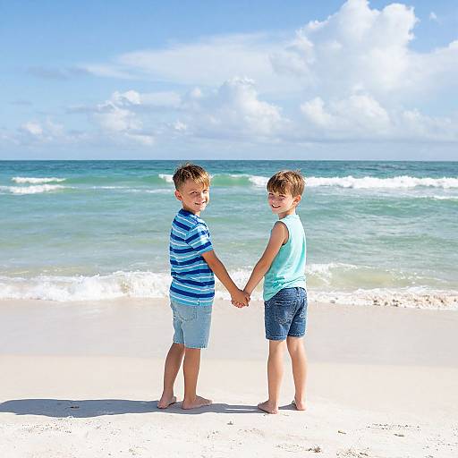 Photograph of two smiling boys holding hands on a sunny beach, wearing striped and solid blue shirts, shorts, with waves and clouds in the background.