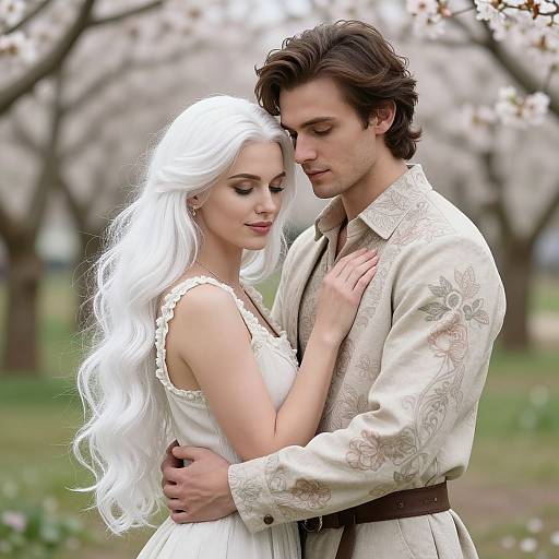Photograph of a romantic couple with white-haired woman in a sleeveless white dress, and dark-haired man in beige floral shirt, embracing in a park
