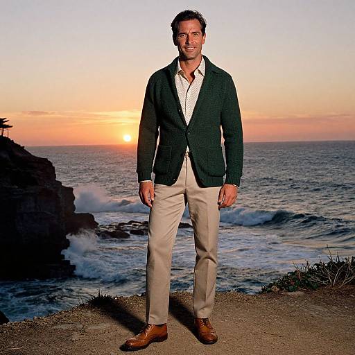 Photograph of a smiling man with dark hair, wearing a black blazer, white shirt, beige pants, and brown shoes, standing on a coastal