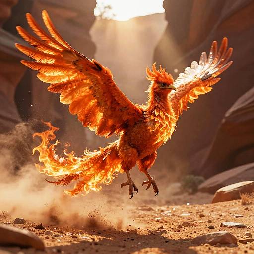 Photograph of a fiery, orange phoenix with outstretched wings and blazing feathers, mid-flight in a sunlit, rocky canyon.