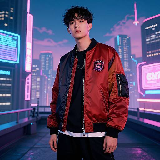 Photograph of an Asian man with spiky black hair, wearing a red bomber jacket, black shirt, and black pants, standing in a neon-l