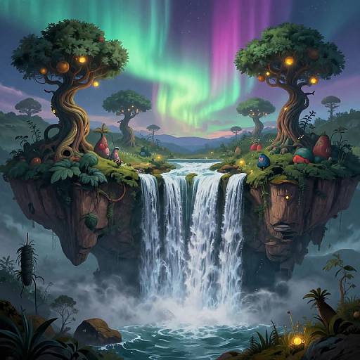 Digital fantasy artwork of two floating, twisted trees with glowing orbs above a cascading waterfall, under vibrant aurora borealis.