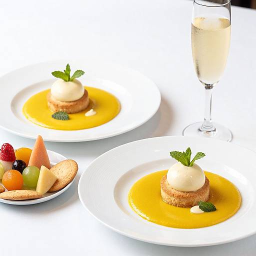 Photograph of two white plates with cream-topped meringue cakes in yellow sauce, garnished with mint, alongside a fruit bowl and a champagne