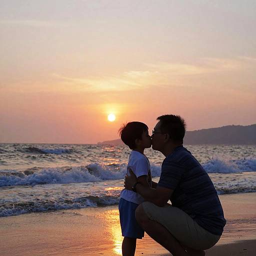 Father and Son Sunset Embrace