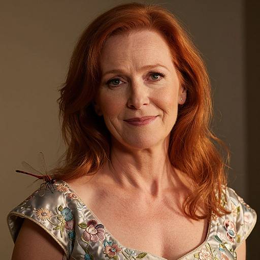 Photograph of a middle-aged Caucasian woman with red hair, wearing a floral-embellished, off-shoulder dress, smiling softly, illuminated