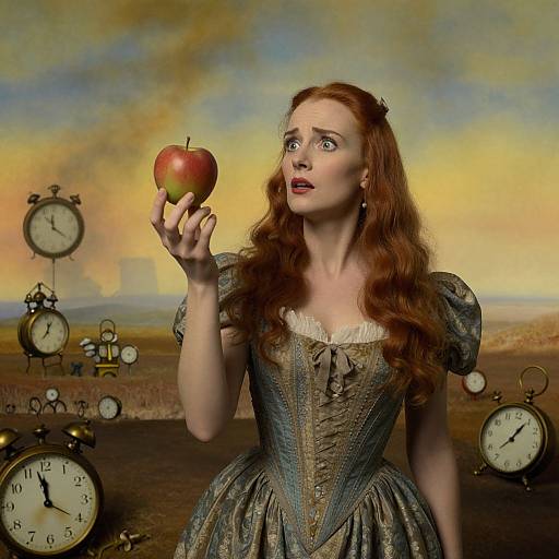 Photograph of a fair-skinned, red-haired woman in a blue, puffed-sleeve, Renaissance-style dress, holding a red apple,