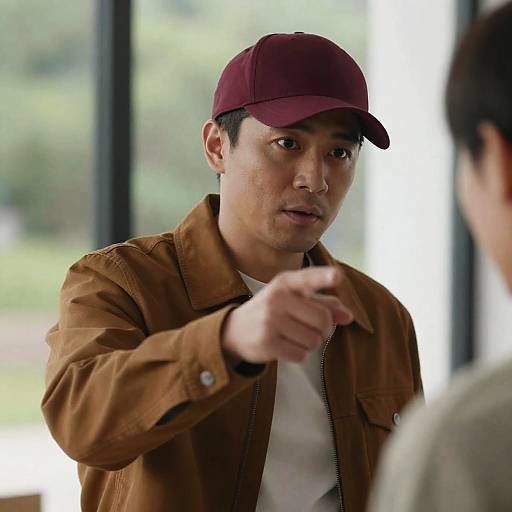 Focused Man in Maroon Cap and Jacket