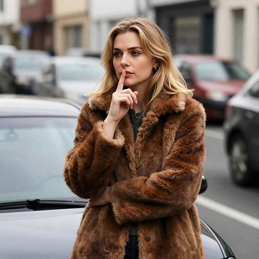 Contemplative Blonde Woman by Dark Car