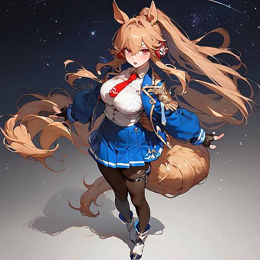 Anime Horse Girl in Blue Outfit Under Starry Sky