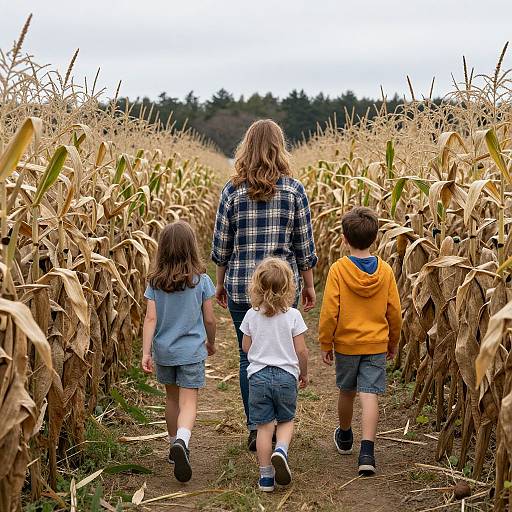 Photograph of a woman with long brown hair in a plaid shirt walking with three children in a golden cornfield, wearing casual clothes, viewed from