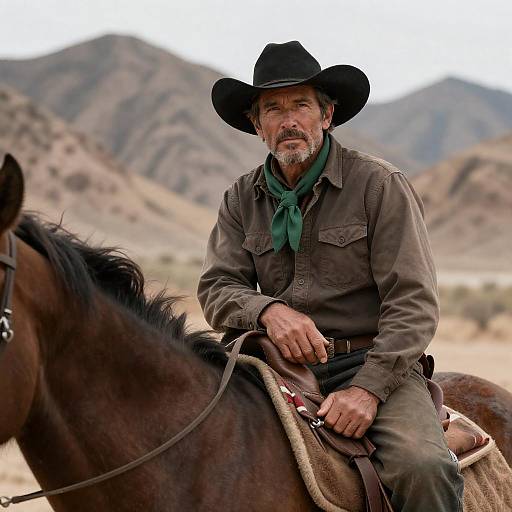 Serious Cowboy with His Brown Horse