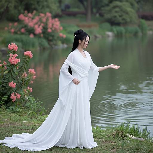Photograph of an Asian woman with long black hair in a white, long-sleeved, flowing dress, gently touching a calm pond with pink flowers