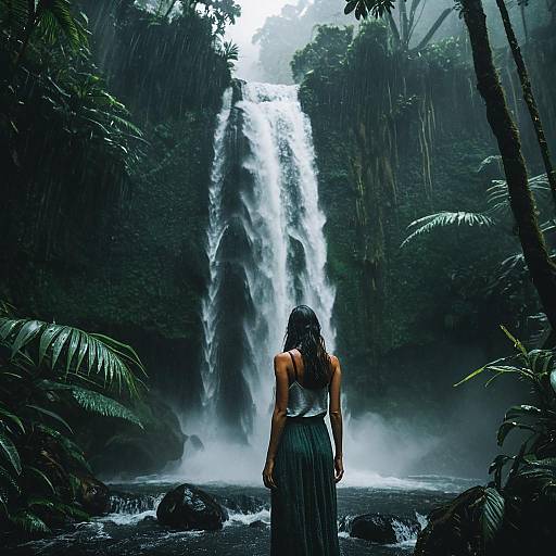Woman Facing Waterfall in Misty Rainforest