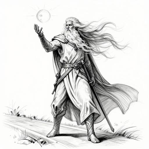 Black-and-white digital drawing of a bearded wizard with flowing hair, wearing a long cloak and belt, casting a spell with an outstretched hand