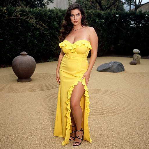 Elegant Woman in Yellow Dress in Zen Garden