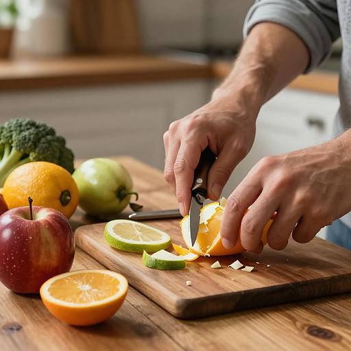 Peeling Orange in Rustic Kitchen