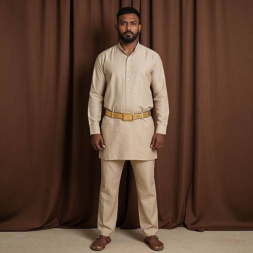 Photograph of a bearded South Asian man with medium-dark skin wearing a beige traditional kurta with a gold belt and brown sandals, standing against brown