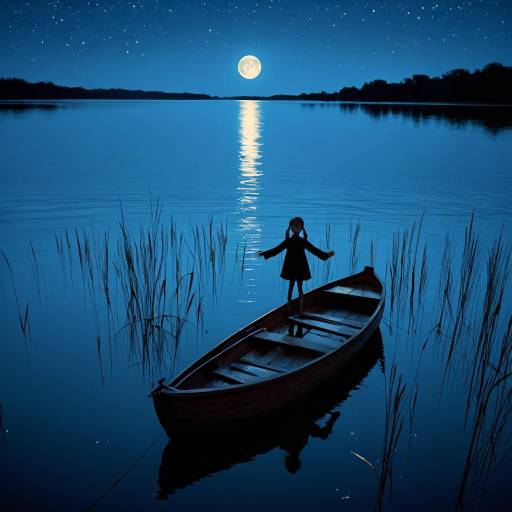 Joyful Girl on Vintage Rowboat at Night Joyful Girl on Vintage Rowboat at Night