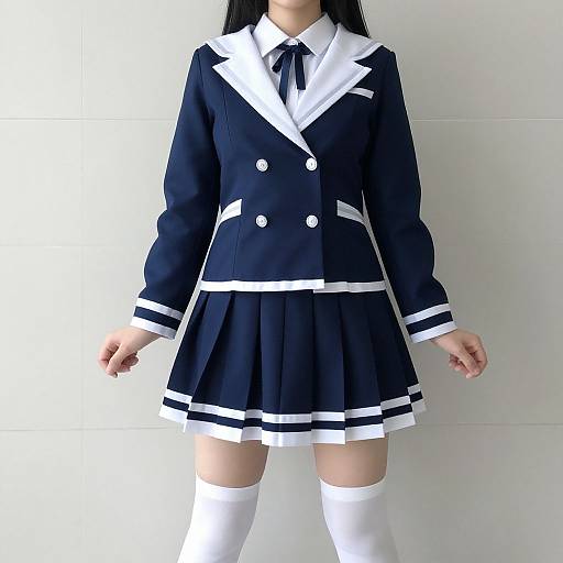 Photograph of an Asian woman wearing a black and white Japanese schoolgirl uniform with double-breasted jacket, pleated skirt, white thigh-high socks,