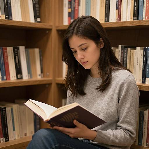 Young woman with long brown hair, wearing a gray sweater, reading a book in a wooden bookshelf-filled library. Photograph.