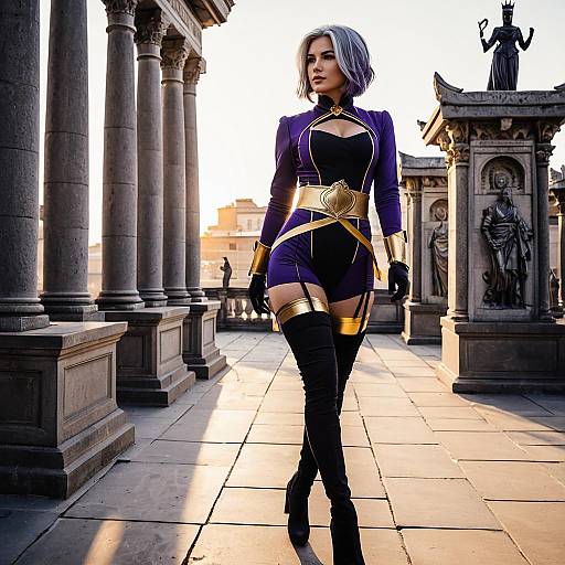 Cosplay Woman in Purple and Gold Bodysuit on Stone Rooftop