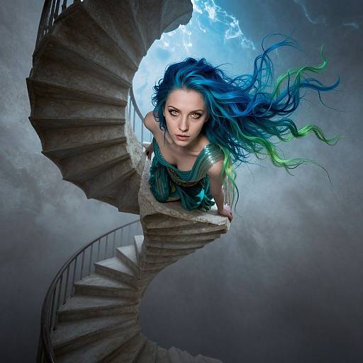 Digital artwork of a mermaid with blue-green hair, descending a spiral stone staircase into a blue, cloudy underwater scene.