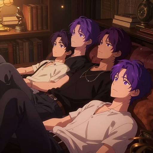 Digital anime artwork of four purple-haired, blue-eyed young men with varying outfits, lounging on a leather couch in a dimly lit, book-filled
