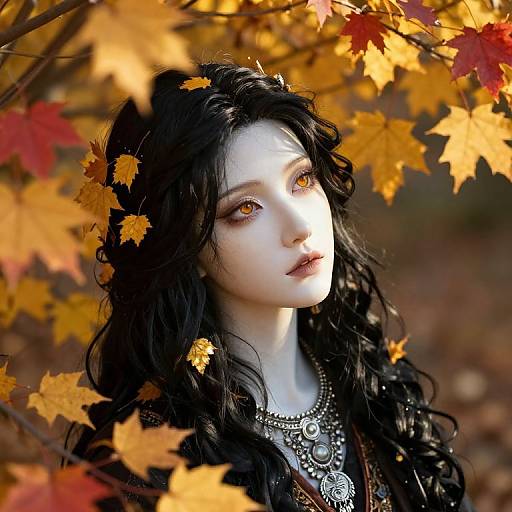 Photograph of pale-skinned woman with black wavy hair, yellow-orange eyes, wearing ornate necklace, surrounded by autumn leaves in vibrant red and