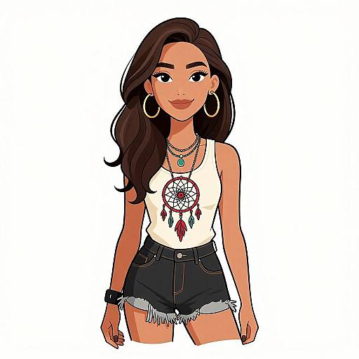 Digital illustration of a smiling young woman with long dark hair, wearing a white tank top with dreamcatcher design, high-waisted denim shorts,
