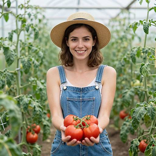Smiling Woman in Greenhouse with Tomatoes