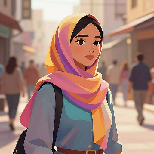 Digital illustration of a young woman with medium brown skin, wearing a colorful orange and pink headscarf, blue shirt, and black backpack, standing in