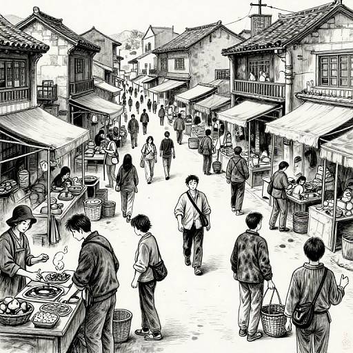 Black-and-white manga-style drawing of a bustling outdoor market with people shopping, vendors selling food, and traditional Japanese buildings in the background.