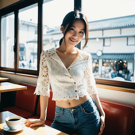 Young Woman in White Lace Blouse at Cafe