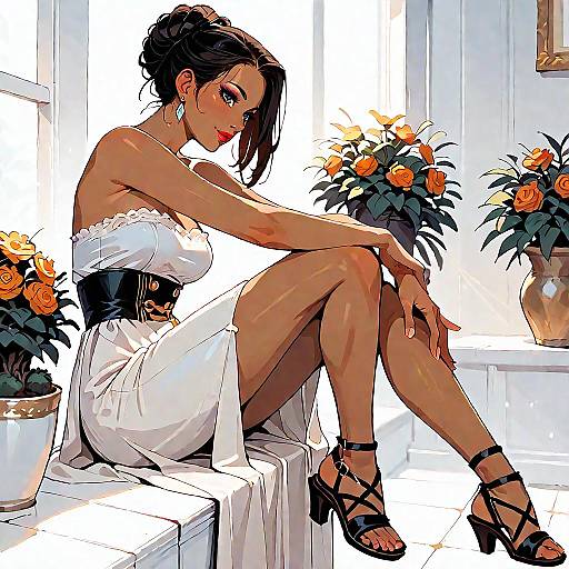 Elegant Woman in Strapless Maxi Dress on Courtyard Steps