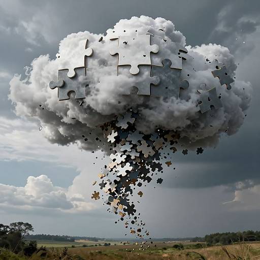 Photograph of a cloud-shaped puzzle with pieces falling, set against a stormy sky over a grassy landscape. Digital art.