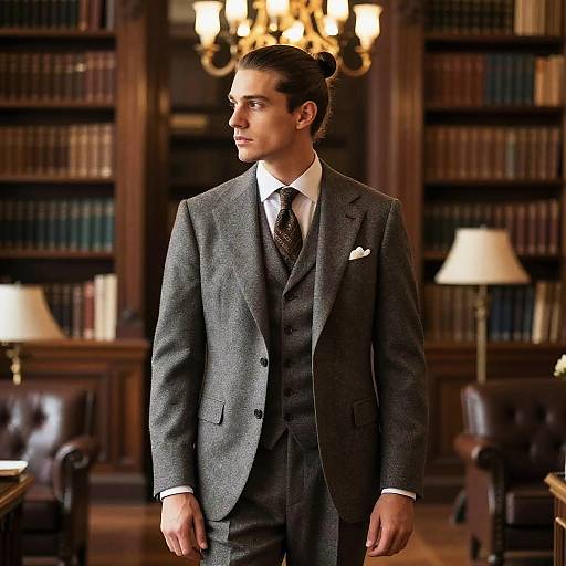 Photograph of a handsome man with dark hair in a bun, wearing a gray three-piece suit, white shirt, and patterned tie, standing in