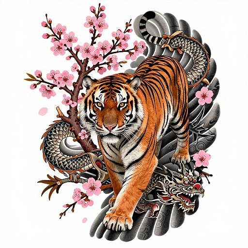 Vibrant digital art of a fierce tiger with orange and black stripes, surrounded by two dragons and pink cherry blossoms, on black tiled background.