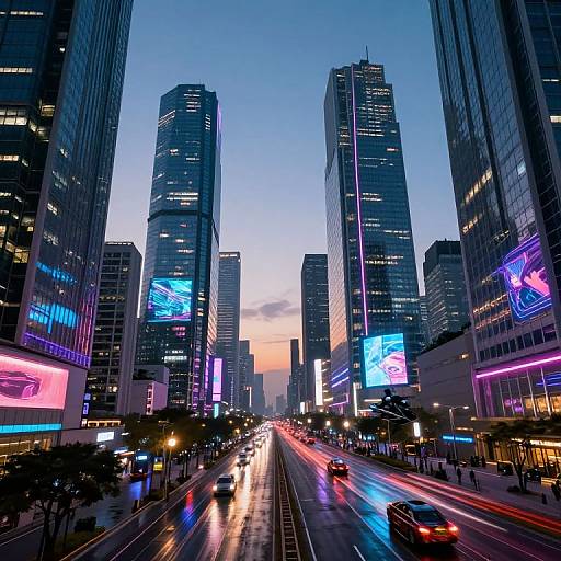 Photograph of a vibrant, neon-lit urban cityscape at dusk, featuring tall skyscrapers with colorful digital billboards, busy street with light