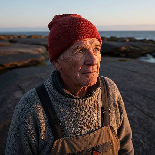 Photograph of an elderly man with wrinkled skin, wearing a red beanie, gray knit sweater, and brown overalls, standing by a rocky
